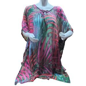 One Size Tropical Leaves Kimono Shear Beach Suit Cover-up Lace Up Neck Party